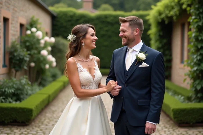 Couple élégant en tenue de mariage riant dans un jardin fleuri avec des murs en pierre ancienne