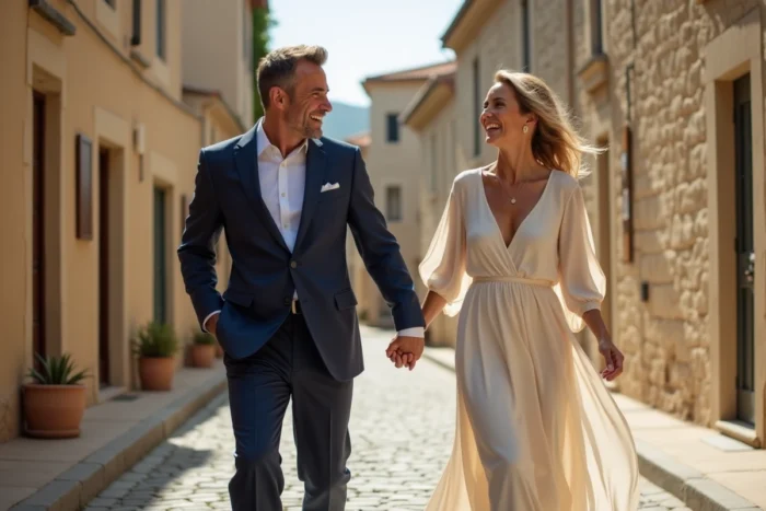 Couple élégant marchant dans un village du sud de la France lors d'une cérémonie de mariage, ambiance naturelle et spontanée