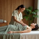 Thérapeute pratiquant un massage tao tantra dans un studio bien-être apaisant à Nantes