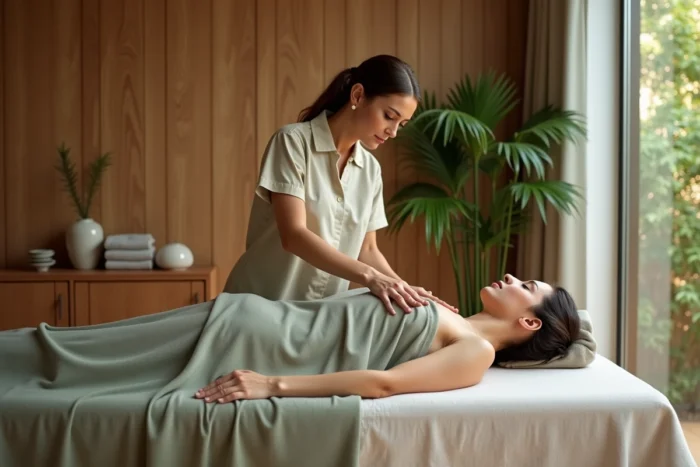 Thérapeute pratiquant un massage tao tantra dans un studio bien-être apaisant à Nantes