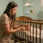 Mère posant délicatement son bébé endormi dans un berceau en bois pendant le sevrage nocturne