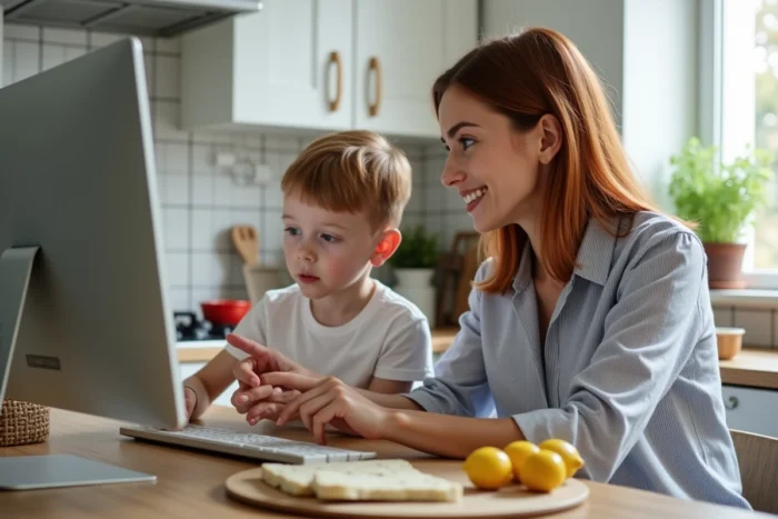 Mère aidant son fils à apprendre avec un jeu éducatif gratuit sur ordinateur dans la cuisine familiale