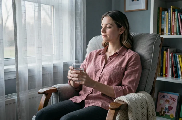 Jeune mère se reposant seule dans un rocking chair au petit matin après une nuit de sevrage réussie