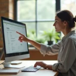 Femme professionnelle naviguant sur un plan de site web bien organisé sur un écran d'ordinateur dans un bureau moderne