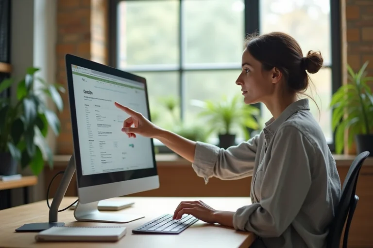 Femme professionnelle naviguant sur un plan de site web bien organisé sur un écran d'ordinateur dans un bureau moderne
