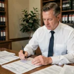 Notaire examinant des documents de frais d'achat immobilier incluant une cuisine équipée à son bureau