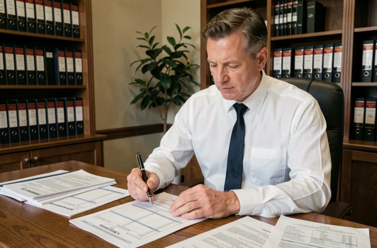 Notaire examinant des documents de frais d'achat immobilier incluant une cuisine équipée à son bureau