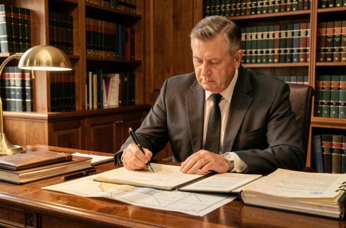 Notaire signant un acte de propriété foncière dans un bureau traditionnel entouré de documents juridiques
