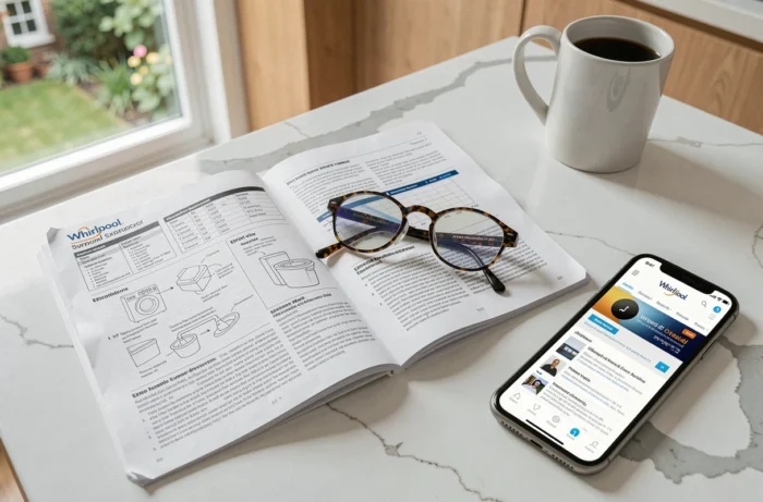 Notice du lave-linge Whirlpool ouverte sur les codes d'erreur avec smartphone et lunettes de lecture