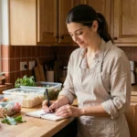 Femme organisant son quotidien dans une cuisine en bois naturel avec un carnet de notes et des légumes frais