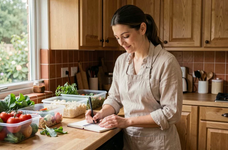 Femme organisant son quotidien dans une cuisine en bois naturel avec un carnet de notes et des légumes frais