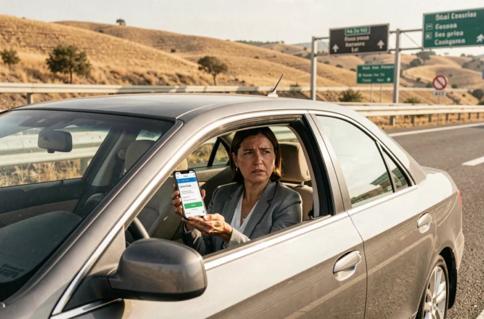 Conductrice française consultant le site de paiement d'une amende routière espagnole sur son téléphone depuis sa voiture sur l'autoroute