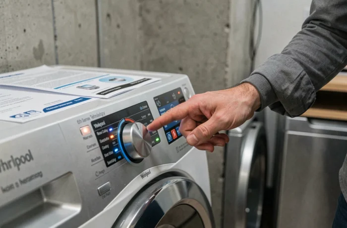 Gros plan sur le panneau de commande du lave-linge Whirlpool 6th Sense avec guide d'utilisation