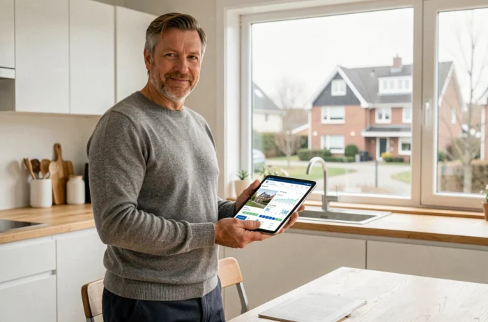 Particulier consultant une plateforme immobilière complète sur tablette depuis son appartement moderne