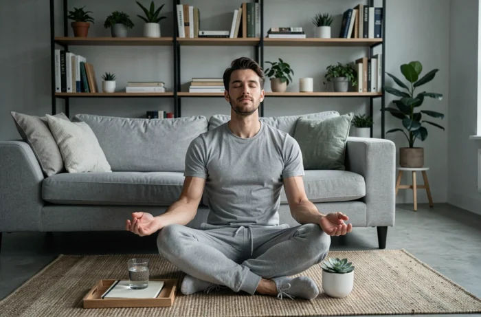 Homme pratiquant une pause mindfulness dans un salon minimaliste moderne avec plantes et carnet