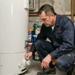 Plombier inspectant un ballon d'eau chaude dans une buanderie de logement locatif