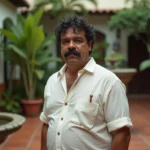 Portrait d'un homme d'âge moyen d'origine latino-américaine dans une cour colombienne typique, évoquant la vie de Pablo Escobar