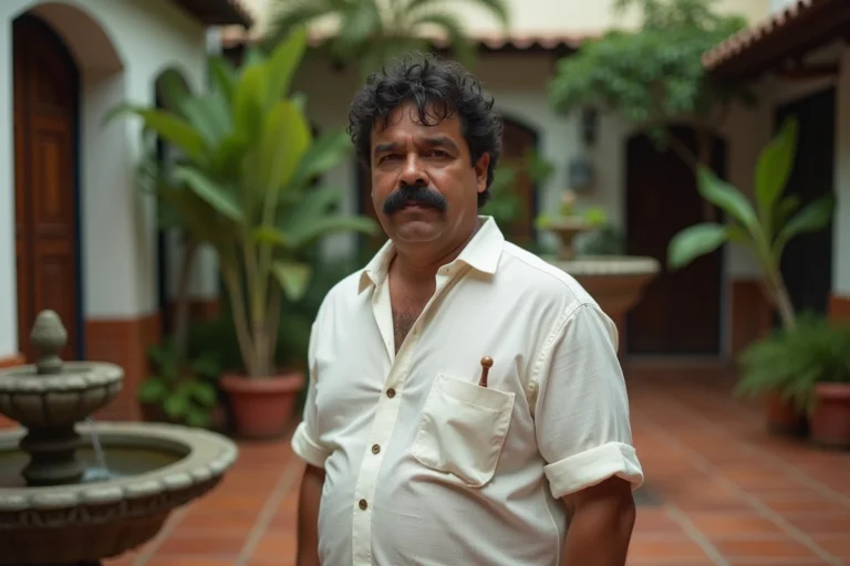Portrait d'un homme d'âge moyen d'origine latino-américaine dans une cour colombienne typique, évoquant la vie de Pablo Escobar