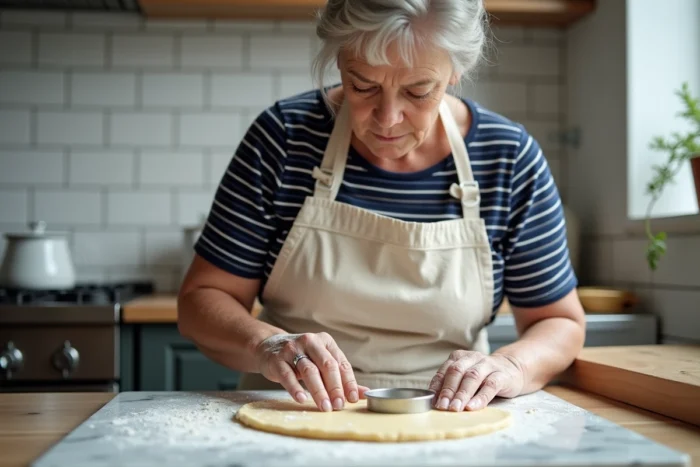 Femme préparant des crackelins bretons maison en découpant la pâte avec un emporte-pièce dans une cuisine traditionnelle