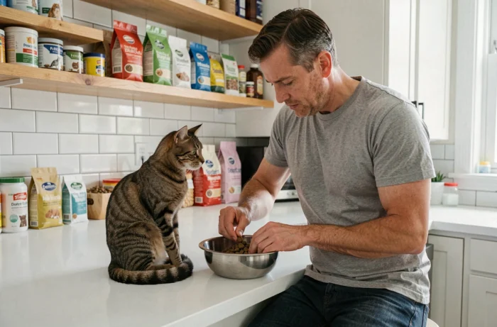 Homme préparant la gamelle de croquettes pour son chat tigré dans une cuisine moderne, alimentation saine des animaux