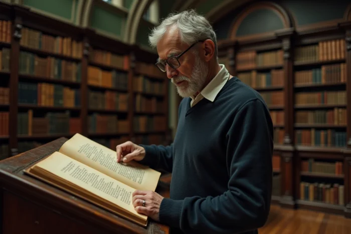Professeur lisant un poème à six strophes dans une bibliothèque universitaire ancienne