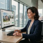 Professionnelle de l'immobilier consultant une plateforme de ressources immobilières sur ordinateur dans un bureau moderne