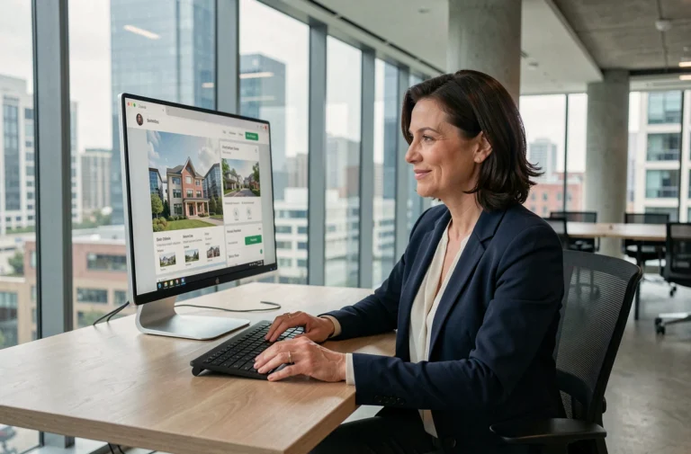 Professionnelle de l'immobilier consultant une plateforme de ressources immobilières sur ordinateur dans un bureau moderne