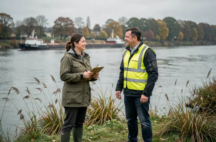 Coordinatrice de projet environnemental et ingénieur inspectant les berges du Rhin dans le cadre d'une initiative territoriale