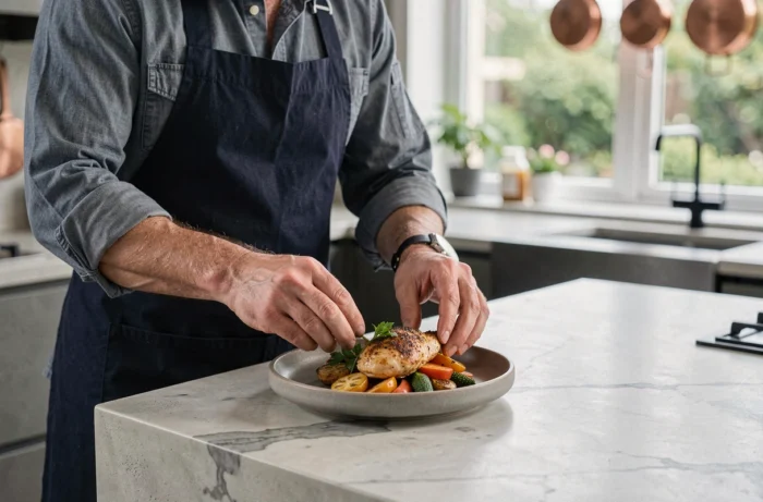 Homme dressant une assiette gastronomique maison avec légumes rôtis et poulet aux herbes dans une cuisine moderne