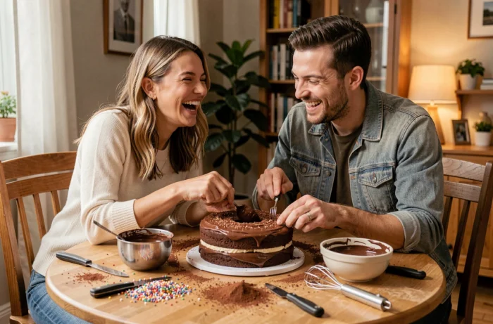 Deux amis riant ensemble en décorant un gâteau au chocolat maison sur une table en bois dans une salle à manger chaleureuse