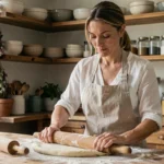 Femme préparant des pâtes fraîches maison sur un plan de travail en bois dans une cuisine rustique