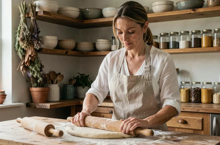 Femme préparant des pâtes fraîches maison sur un plan de travail en bois dans une cuisine rustique