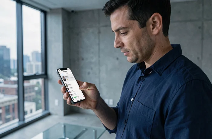 Homme tenant un smartphone affichant les paramètres de récupération de compte Instagram dans un appartement moderne