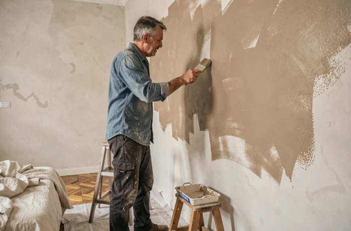 Homme appliquant une peinture à la chaux sur un mur de chambre pour transformer l'intérieur de sa maison