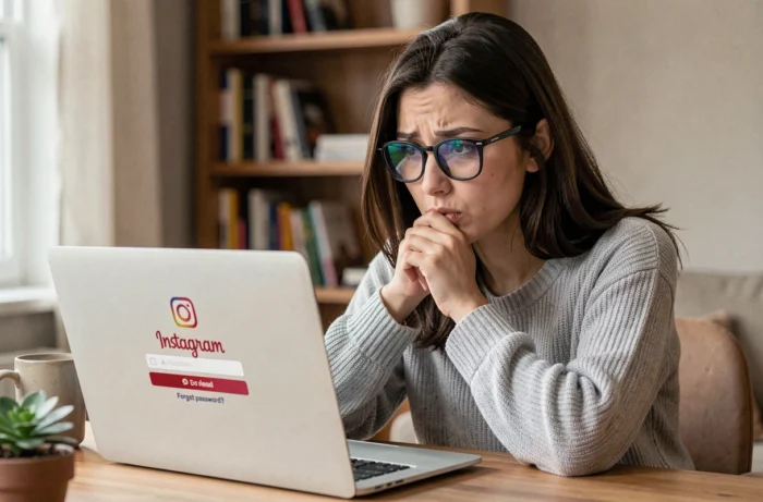 Jeune femme consultant la page de récupération de compte Instagram sur un ordinateur portable depuis son bureau à domicile