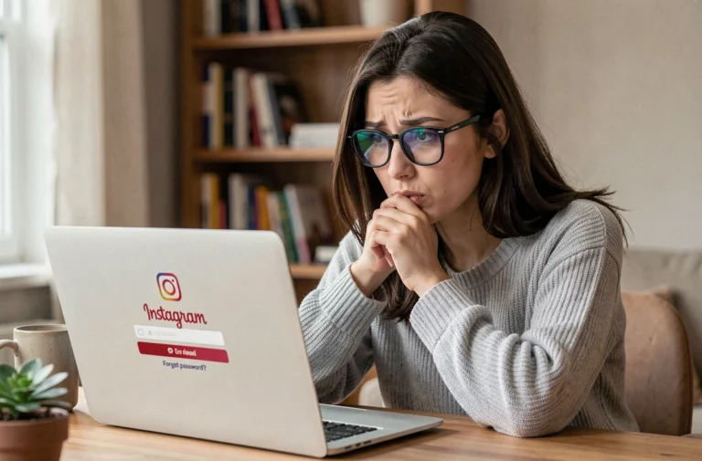 Jeune femme consultant la page de récupération de compte Instagram sur un ordinateur portable depuis son bureau à domicile
