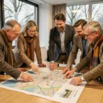 Élus et responsables de la communauté de communes du Rhin se réunissant autour d'une carte de territoire pour planifier des projets locaux