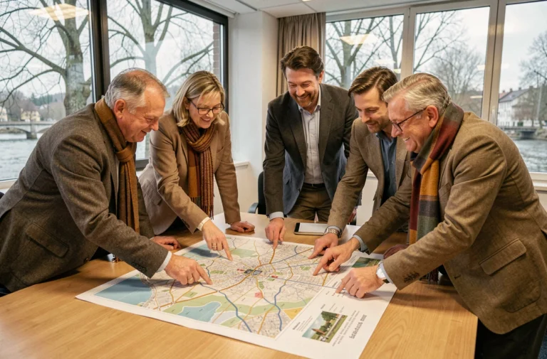 Élus et responsables de la communauté de communes du Rhin se réunissant autour d'une carte de territoire pour planifier des projets locaux