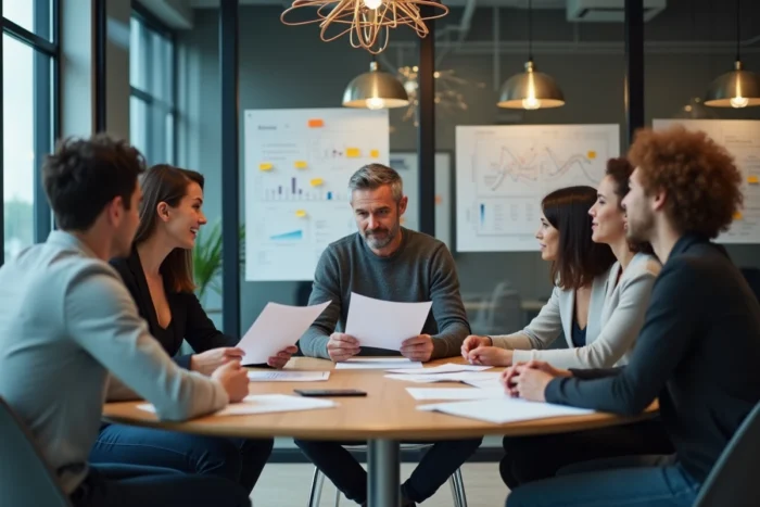 Équipe d'entrepreneurs innovants en réunion stratégique autour d'une table dans un bureau moderne