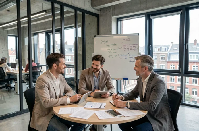 Équipe de professionnels en réunion collaborative dans un espace de coworking à Bruxelles