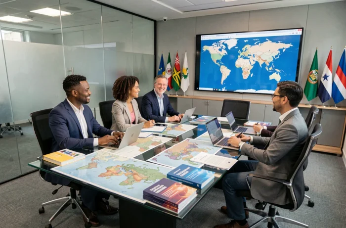 Réunion d'experts internationaux autour d'une table pour planifier une optimisation fiscale mondiale
