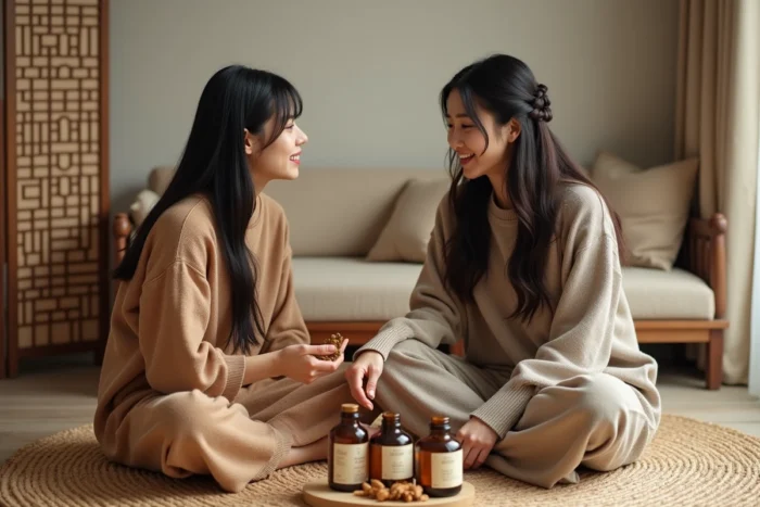 Deux femmes coréennes partageant un rituel capillaire traditionnel avec des huiles de camélia et des sérums au ginseng dans un salon coréen moderne