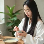 Jeune femme coréenne appliquant un masque capillaire traditionnel sur ses cheveux noirs et brillants dans une salle de bain minimaliste