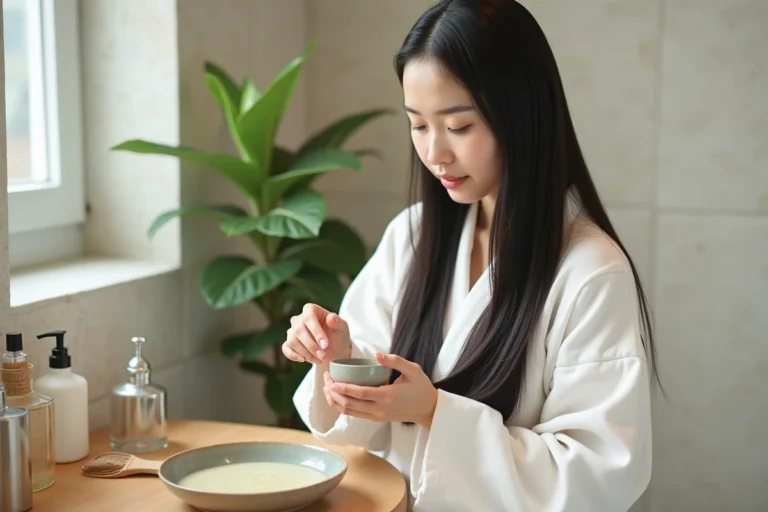 Jeune femme coréenne appliquant un masque capillaire traditionnel sur ses cheveux noirs et brillants dans une salle de bain minimaliste