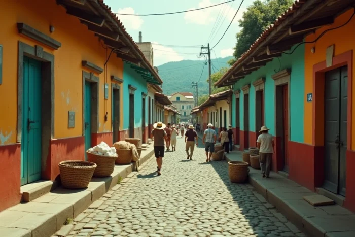 Rue typique de Medellín dans les années 1980, avec des bâtiments colorés et des habitants en tenues d'époque, contexte historique lié à Pablo Escobar