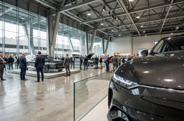 Salon automobile 2024 avec des visiteurs admirant des voitures concept sur des podiums dans un vaste hall d'exposition moderne aux façades en verre