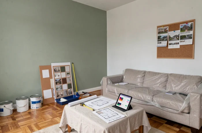 Salon en cours de rénovation avec tableau d'ambiance, plans et outils de décoration pour estimer le budget travaux