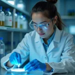 Scientifique en blouse blanche examinant un échantillon lumineux en laboratoire de biologie moléculaire