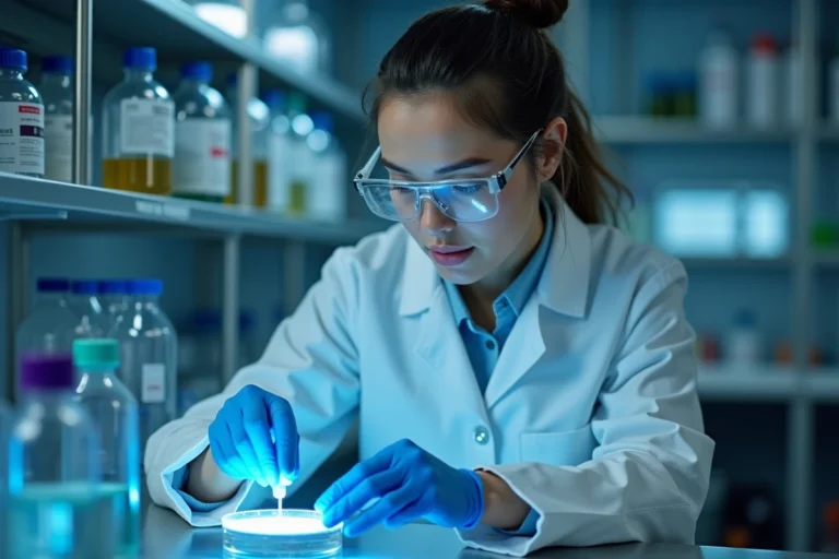 Scientifique en blouse blanche examinant un échantillon lumineux en laboratoire de biologie moléculaire