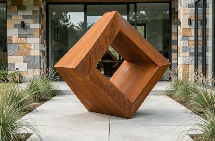 Grande sculpture géométrique en acier Corten rouillé dans un jardin contemporain minimaliste avec terrasse en béton et herbes ornementales